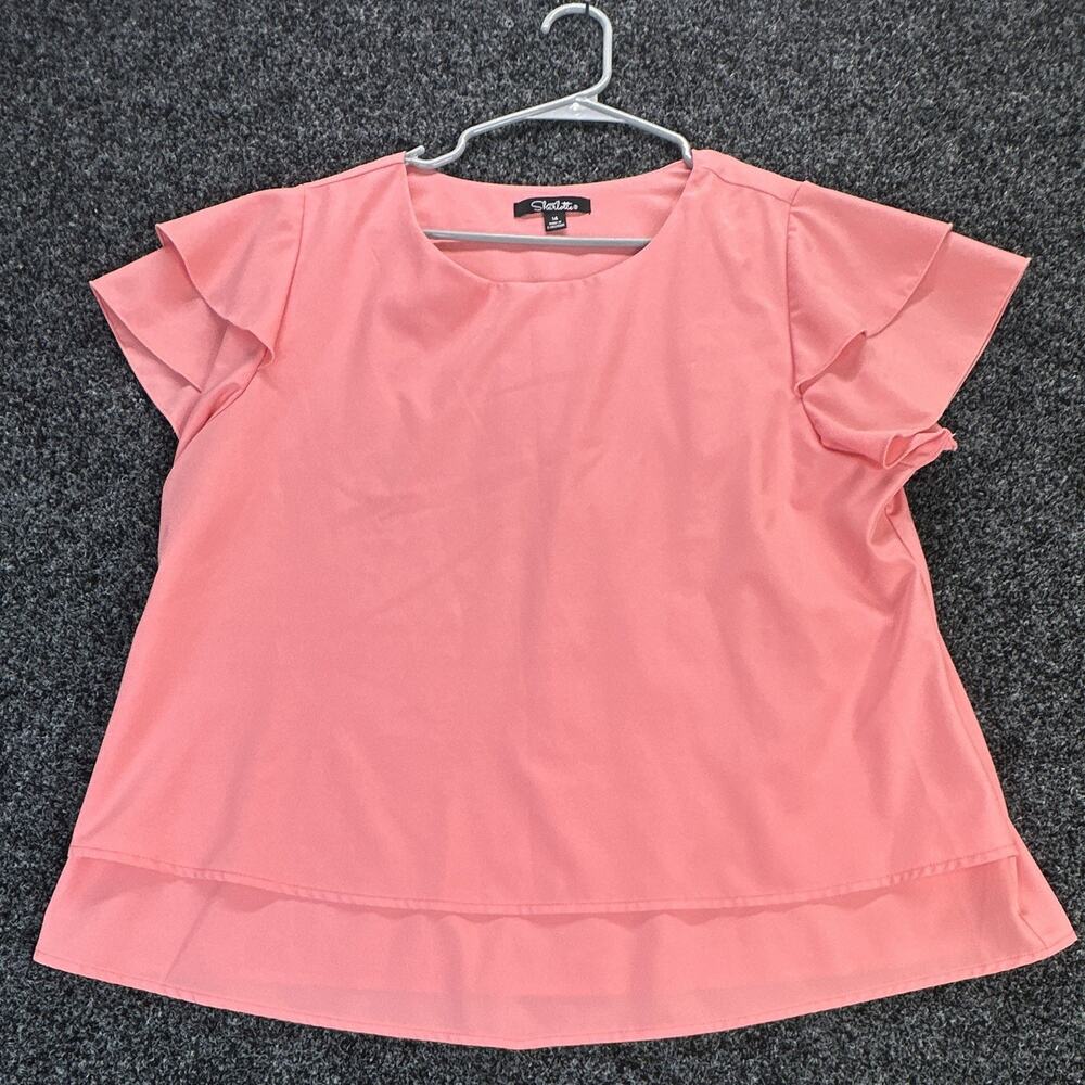 Charlotte Women's Pink Solid Ruffle Sleeve Round Neck Short Sleeve Blouse Sz 14